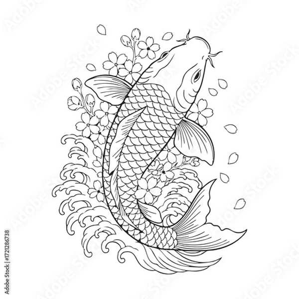 Obraz A monochrome, highly detailed line art illustration of a Japanese Koi fish.