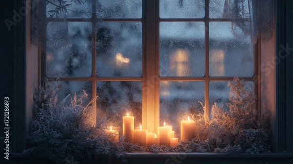 Fototapeta The image depicts a window adorned with lighting and foliage. The window, covered in condensation, obscures the view outside. Lighting sits on the windowsill, nestled among frosted greenery
