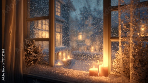 Fototapeta The scene depicts a window view on a snowy night. The windowpane is partially covered in droplets, obscuring the view of the snow covered buildings and trees outside