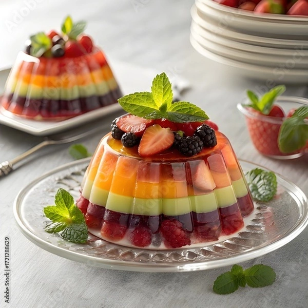 Fototapeta Layered jello mold with vibrant colors, each layer filled with assorted fresh fruits, topped with sparkling mint leaves