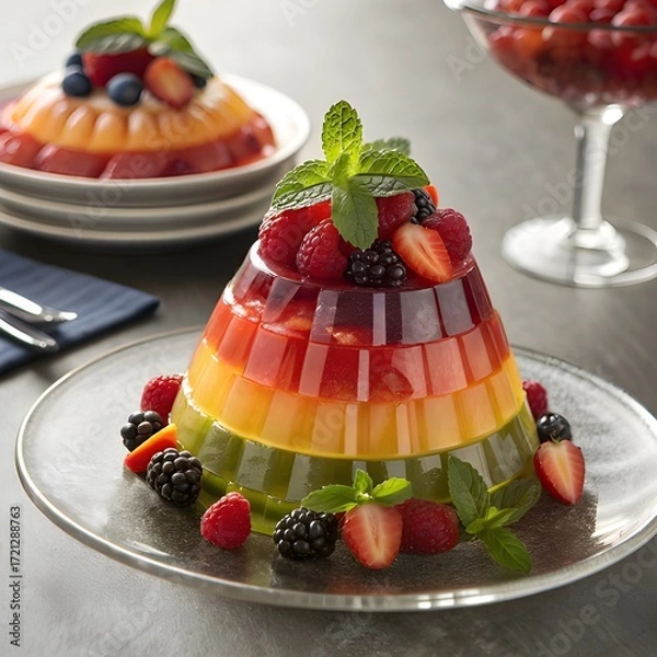 Fototapeta Layered jello mold with vibrant colors, each layer filled with assorted fresh fruits, topped with sparkling mint leaves