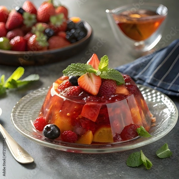 Fototapeta A sparkling jello mold filled with vibrant fresh fruits and topped with fresh mint