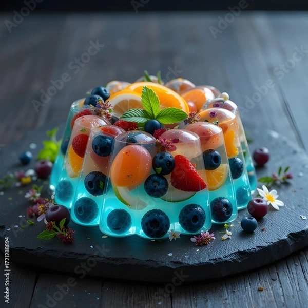 Fototapeta A creatively shaped jello mold with embedded berries and citrus slices, garnished with mint sprigs and tiny edible flowers