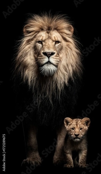 Fototapeta Majestic lion and its cub, a powerful duo, stand out against a striking black background.