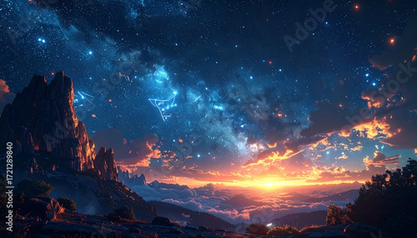 Fototapeta An epic fantasy dreamscape of a serene valley where glowing mountains are silhouetted by a celestial sunset under an awe-inspiring starry night sky