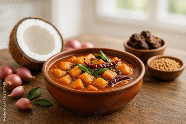 Fototapeta Authentic Kerala pulinkari with pumpkin cubes simmered in coconut and tamarind gravy, garnished with curry leaves, served on banana leaf with rice.