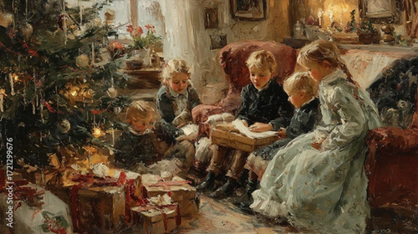Fototapeta The artwork portrays a gathering of children in an interior setting, likely during a holiday celebration. A festively decorated tree stands to the left, with wrapped items placed underneath
