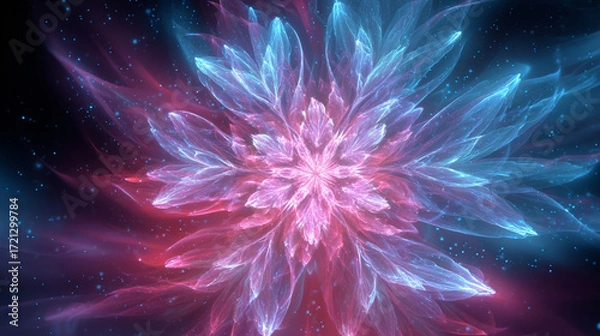 Fototapeta The image displays a central, complex floral design set against a dark, space like backdrop