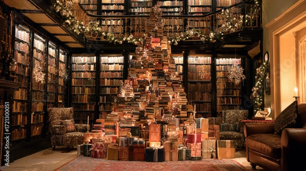 Fototapeta The image shows a warm, inviting room that appears to be a well stocked library, complete with floor to ceiling shelves filled with numerous volumes