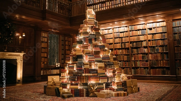 Fototapeta The image features a spacious library adorned with wooden shelves packed with books