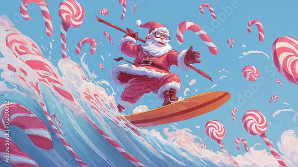 Fototapeta The artwork depicts an individual dressed in a red suit with white fur trim surfing on a wave. The individual is using a pole for balance, adding a touch of whimsy to the scene