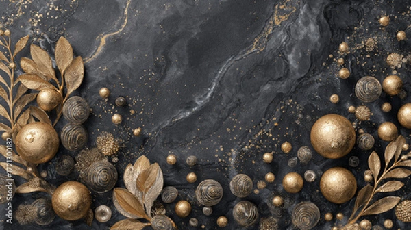 Fototapeta The image presents a stylized arrangement of elements against a black textured background with gold highlights