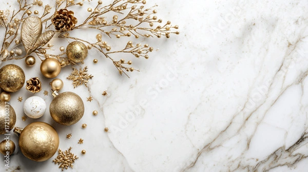 Fototapeta The scene features festive ornaments arranged on a surface with a marbled pattern. Gold colored spheres of various sizes are scattered alongside gilded snowflakes and small cones