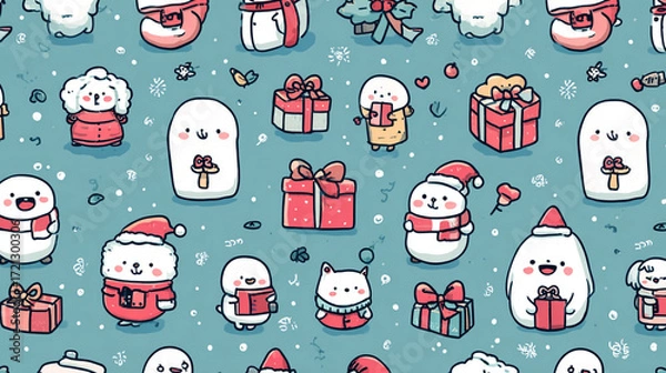 Fototapeta The image displays a repeating pattern on a blue background, filled with small, cartoonish creatures and objects. There are several stylized gifts in red with decorative ribbons