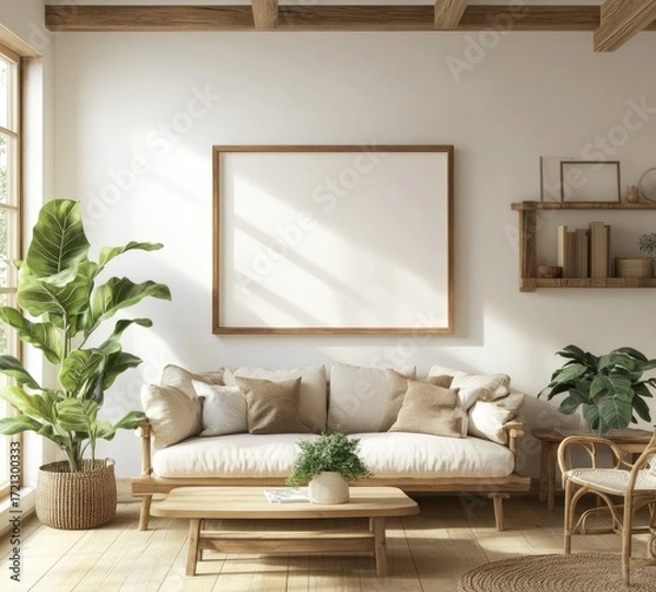 Fototapeta Cozy Living Room with Plants and Minimalist Design Elements
