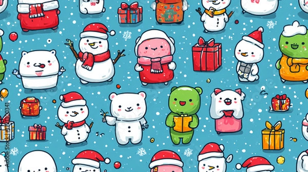 Fototapeta The image displays a repeating pattern on a light blue background sprinkled with white snowflakes