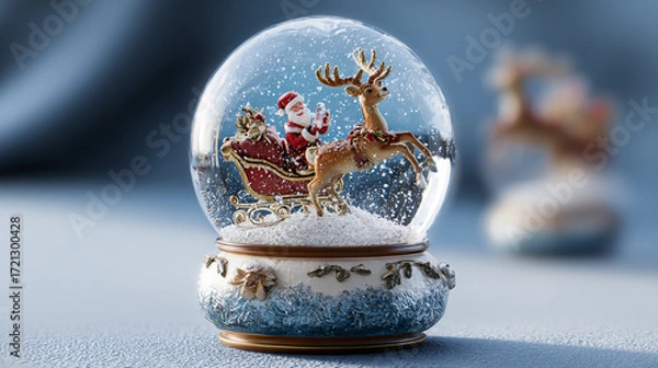 Fototapeta The image shows a snow globe with a holiday theme. Inside the globe, there is a figure dressed in red riding in a sleigh being pulled by a single reindeer. Fake snow is scattered around the figures