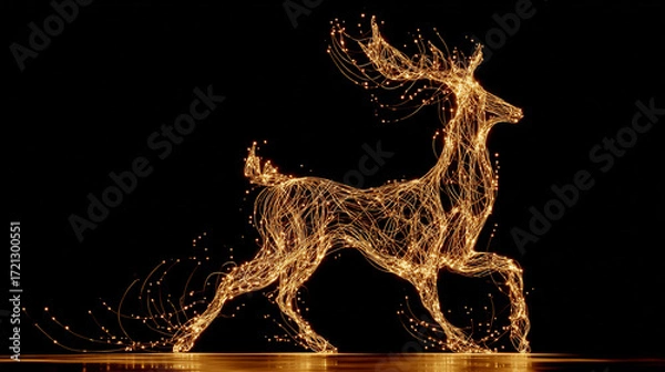 Fototapeta Against a stark black backdrop, a luminous sculpture of a four legged animal is depicted in mid stride