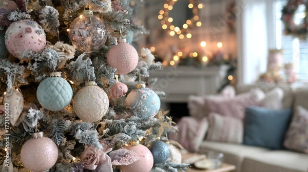 Fototapeta The scene is an interior room decorated for a celebration, focusing on a tree heavily adorned with pastel ornaments and faux snow