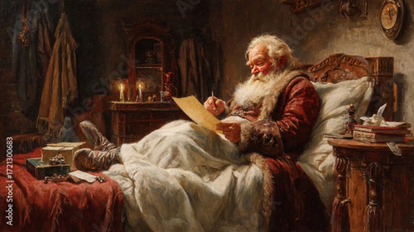 Fototapeta The scene shows an old figure with a long white beard propped up in a bed writing on a piece of paper. He is wearing a robe with fur lining and has his feet resting on items at the foot of the bed