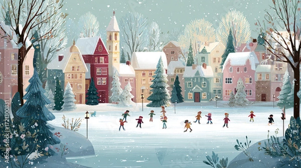 Fototapeta The picture portrays a winter scene with a row of quaint buildings lining the background. The buildings have varied designs and colors, each topped with a layer of fresh snow