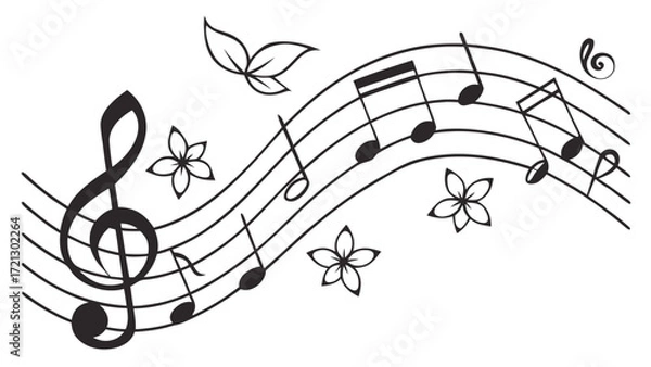 Fototapeta Illustration of musical notes on a staff with flowers and leaves in a decorative black and white design