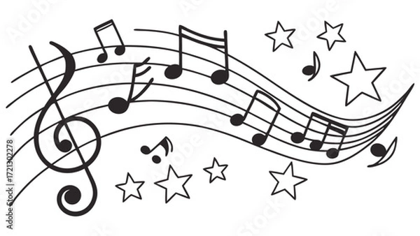 Fototapeta Musical score with treble clef notes on staff lines and stars floating around in black and white style