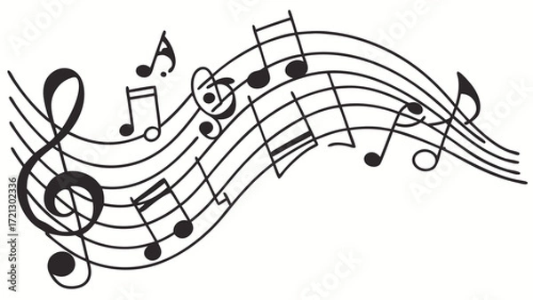 Fototapeta A musical score with a treble clef and various musical notes on a wavy staff is displayed here nicely
