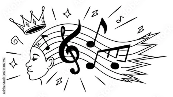Fototapeta Woman with crown and musical notes flowing from her head in a black and white line drawing design