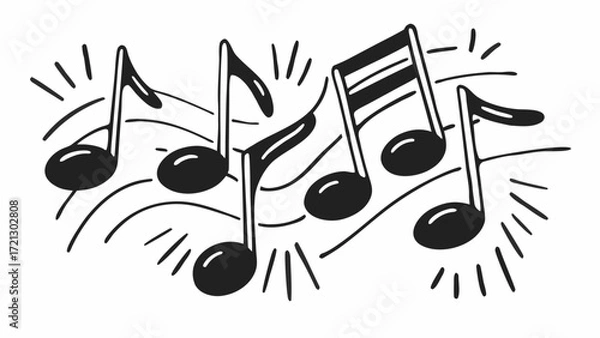 Fototapeta Illustration of musical notes with beams and lines in black and white design composition style