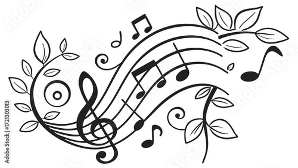 Fototapeta Elegant music staff with treble clef and notes intertwined with floral vines and leaves design element