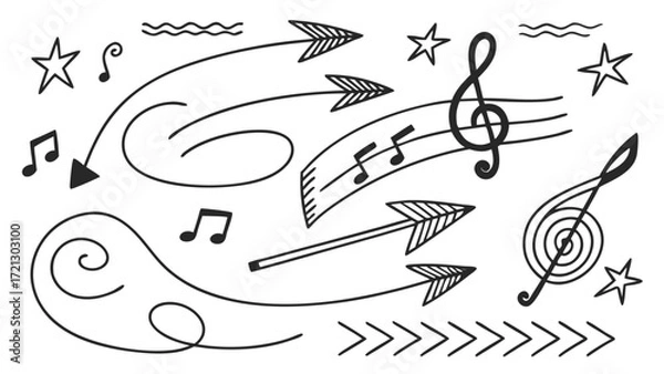 Fototapeta Hand drawn music notes, arrows and stars with swirls and lines in a doodle style on a white background