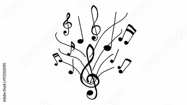 Fototapeta Illustration of a treble clef surrounded by various musical notes and swirling lines on a white background