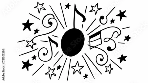 Fototapeta Hand drawn music notes and stars in black and white creating a whimsical and festive illustration