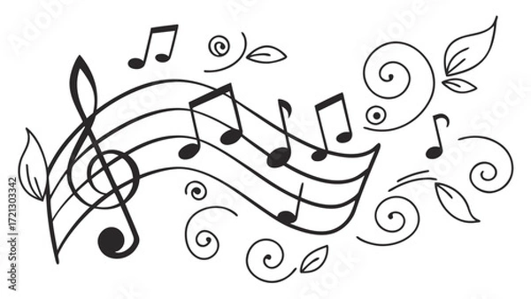 Fototapeta Illustration of a musical clef and notes with decorative swirls and leaves in black and white style