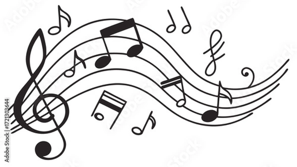 Fototapeta Illustration of musical notes and a treble clef arranged across staff lines in a whimsical design style