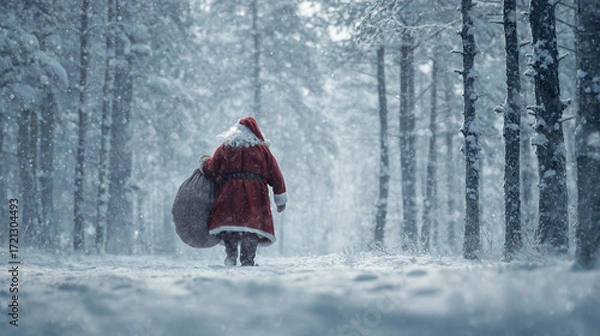 Fototapeta An individual with a long white beard, clad in a red garment with white fur trim and a black belt, walks away from the viewer through a snow filled forest
