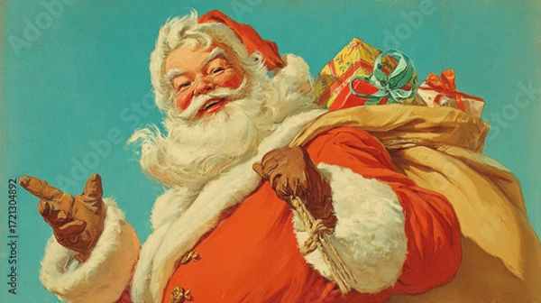 Fototapeta The artwork depicts a cheerful figure wearing a red suit with white trim, complete with a matching hat. He has a full white beard and rosy cheeks, suggesting a jolly demeanor