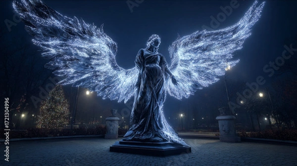 Fototapeta The central focus is a sculpture of a figure with prominent wings, seemingly draped in illuminated lights