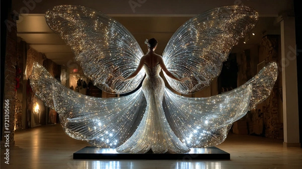 Fototapeta Centered in the image is a figure wearing a shimmering gown paired with large, translucent wings, each detailed with numerous embedded lights