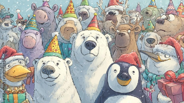Fototapeta This illustration displays a gathering of animals. Several bears, along with some moose, ducks, and penguins, are crowded together. Many are wearing party hats or winter holiday hats
