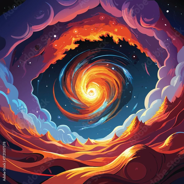 Obraz Fiery Galactic Swirl with Colorful Nebula and Landscape