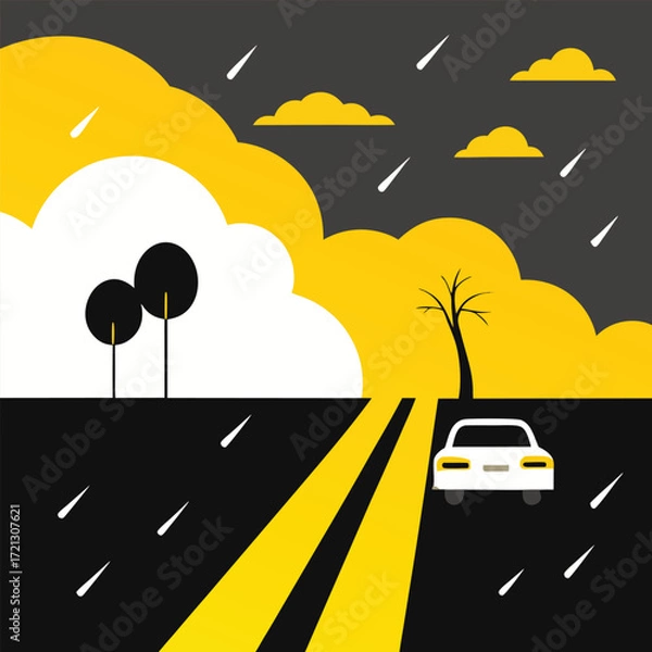Obraz Flat design car driving on rainy road with yellow clouds