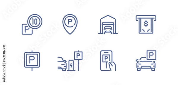Fototapeta Set of parking related icons, parking garage, parking spaces, car park, paid, underground parking garage and linear variety vectors.