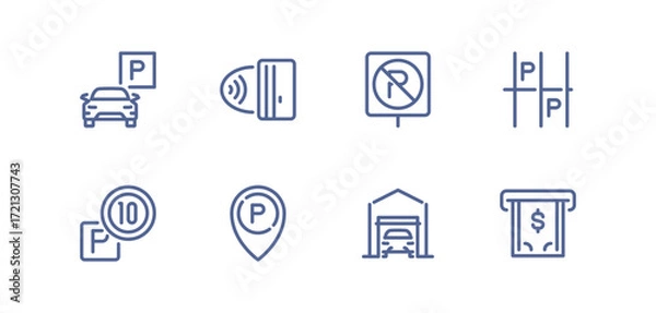 Fototapeta Set of parking related icons, parking garage, parking spaces, car park, paid, underground parking garage and linear variety vectors.