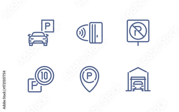 Fototapeta Set of parking related icons, parking garage, parking spaces, car park, paid, underground parking garage and linear variety vectors.