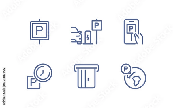Fototapeta Set of parking related icons, parking garage, parking spaces, car park, paid, underground parking garage and linear variety vectors.