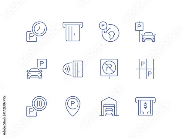 Fototapeta Set of parking related icons, parking garage, parking spaces, car park, paid, underground parking garage and linear variety vectors.