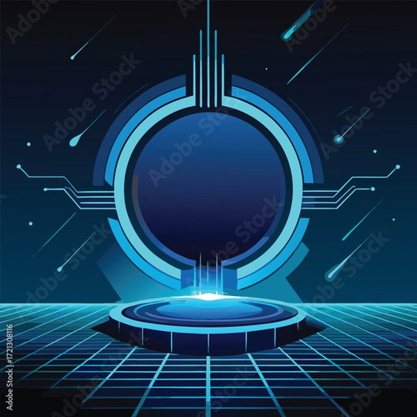Obraz Futuristic Digital Podium with Glowing Circle and Meteors