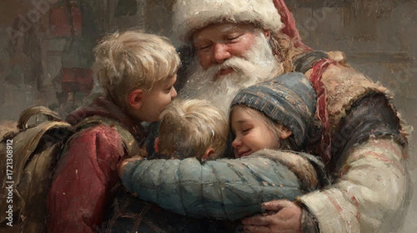 Fototapeta In this scene, a large, white bearded man, adorned in a holiday hat, is embracing three children. The children, bundled in winter attire, appear content and safe within his arms